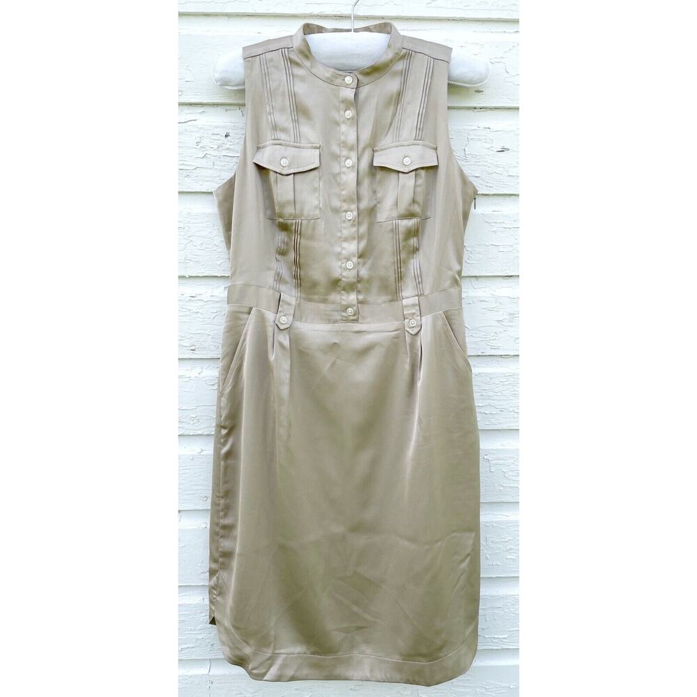 Banana Republic Shirt Dress Womens 6 Beige Satin Sleeveless Career Sheath Preppy